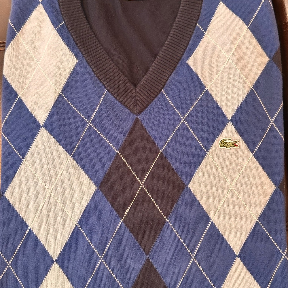 Lacoste Men's V-Neck Argyle Sweater in Blue and Gray